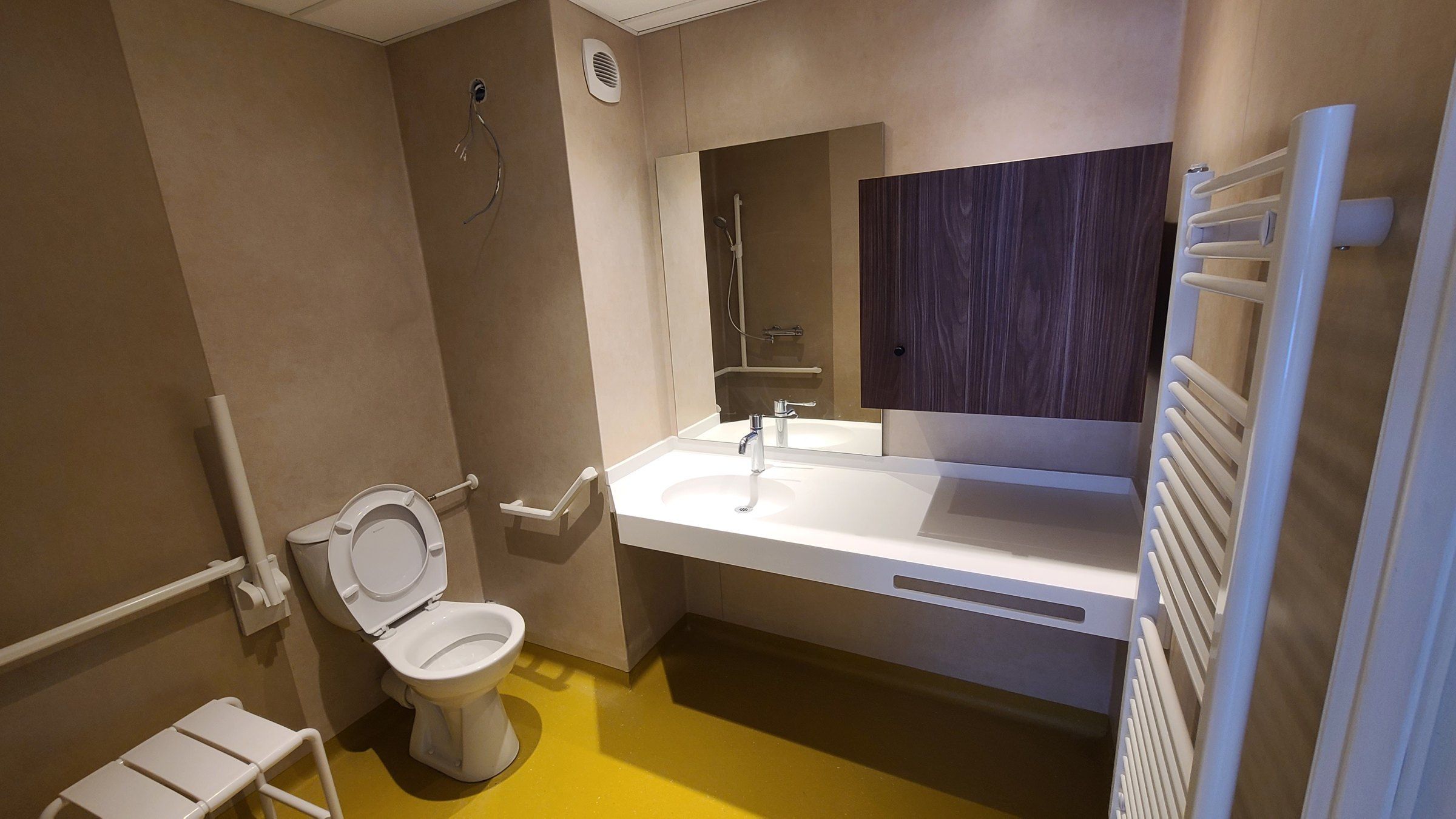 Salle de bain adaptée, barres d'appui et siège de douche